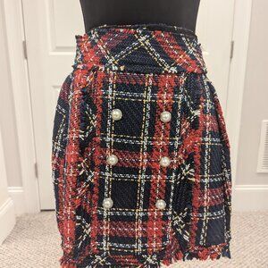 Navy Blue, Red, Yellow, Beige Tweed Mini Skirt XS NWT